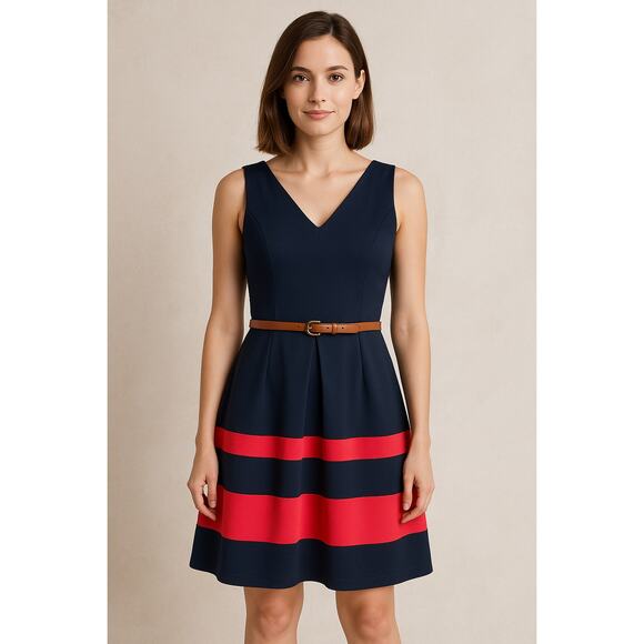 IZ Byer Navy Dress with Coral Stripes and Tan Belt Size 7 - Picture 1 of 5